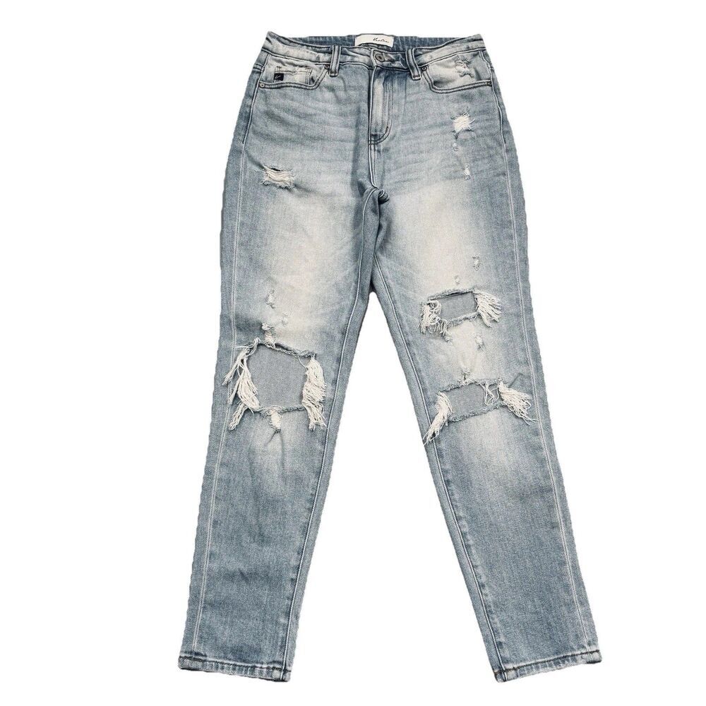 KanCan High Rise Jeans 5/26 (27x29) Blue Distressed Holes Tapered Denim Juniors